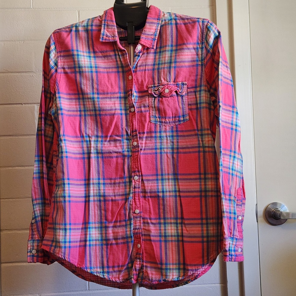 Hollister Womens Pink Blue Plaid Button Down Shirt Long Sleeve Cotton Large L